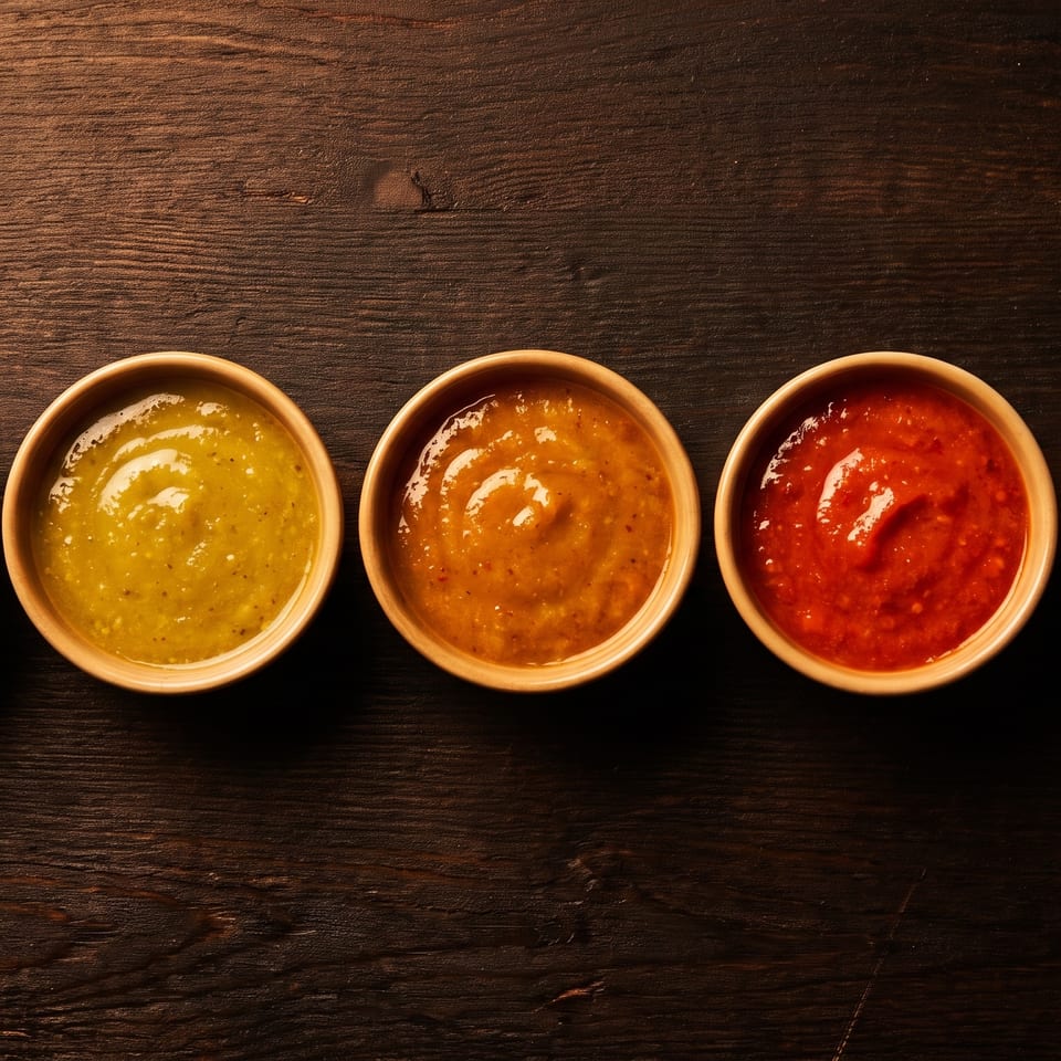 Five small bowls of colorful sauces, ranging from light green to dark red, on a dark wooden surface.