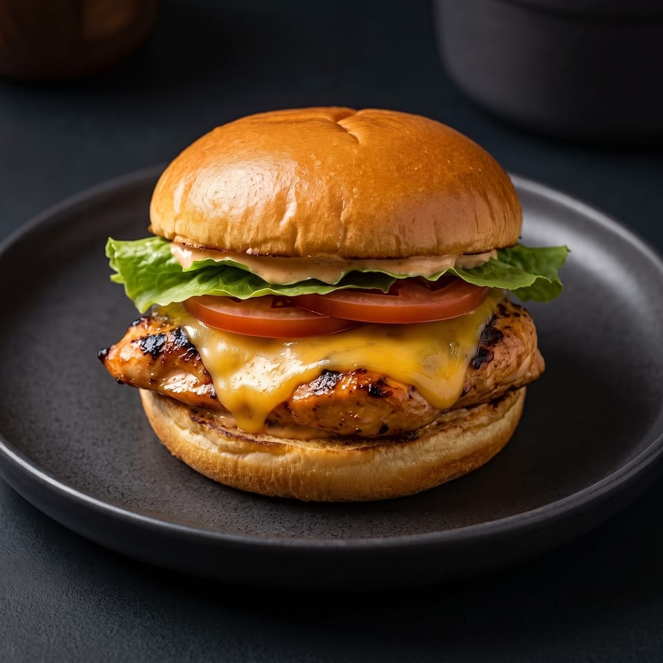 Grilled chicken burger with melted cheddar, lettuce, tomato, and creamy sauce on a toasted bun, served on a black plate.