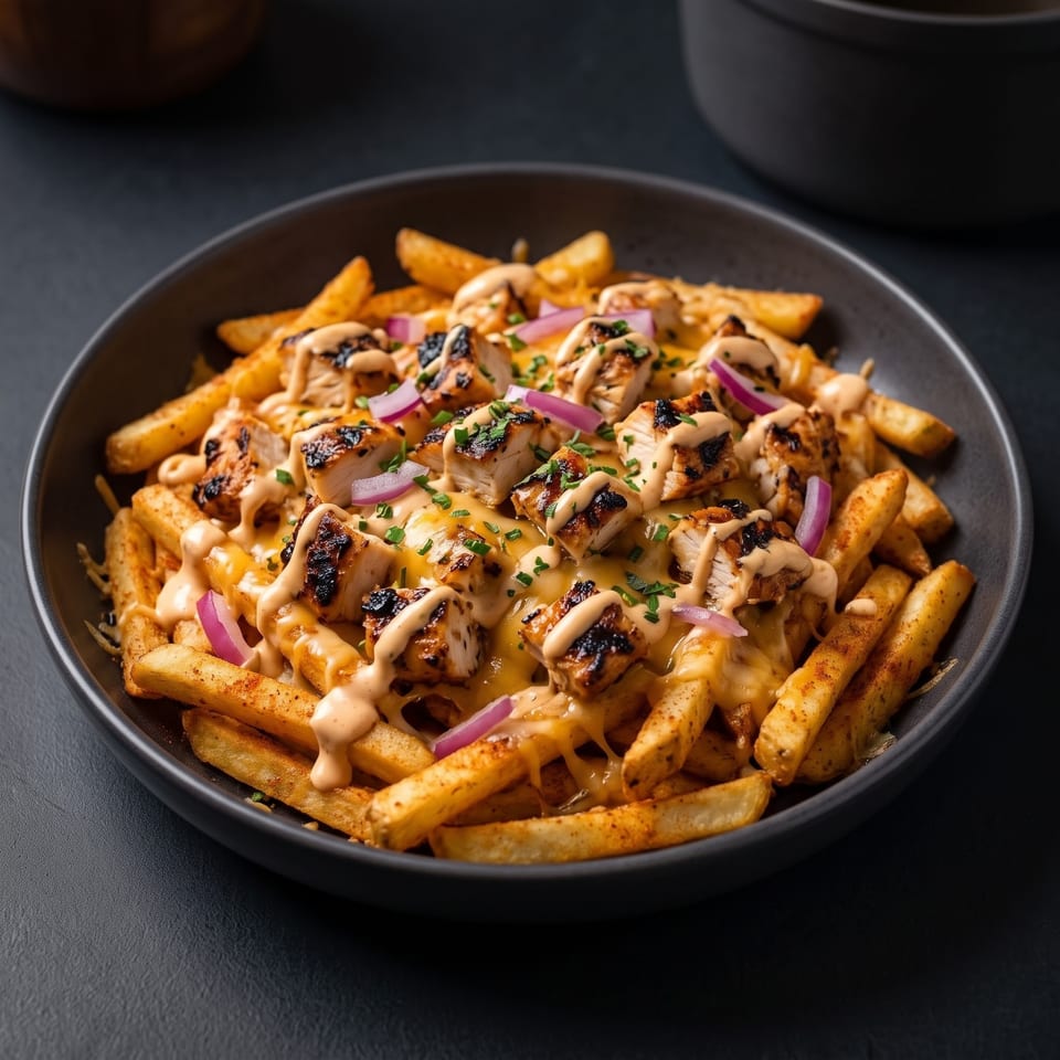 Loaded fries topped with grilled chicken, melted cheese, creamy sauce, red onion, and chopped herbs in a black bowl.