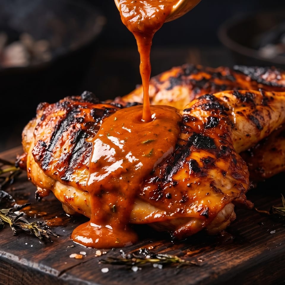 Sauce being poured over grilled chicken pieces on a wooden board with rosemary and salt.