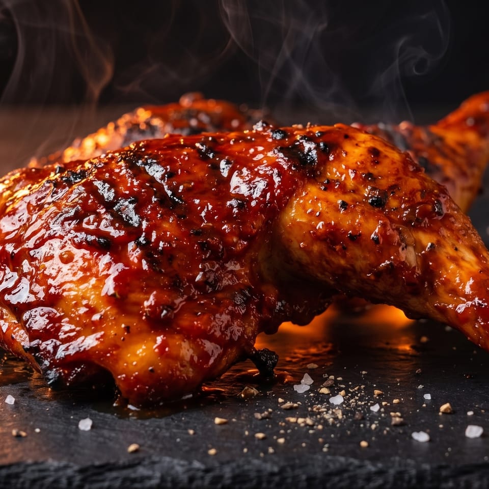 Two steaming, glazed barbecue chicken legs on a dark stone surface with salt and pepper.