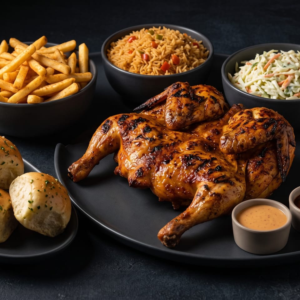 Grilled whole chicken served with fries, seasoned dinner rolls, rice, coleslaw, and dipping sauces on black platters.
