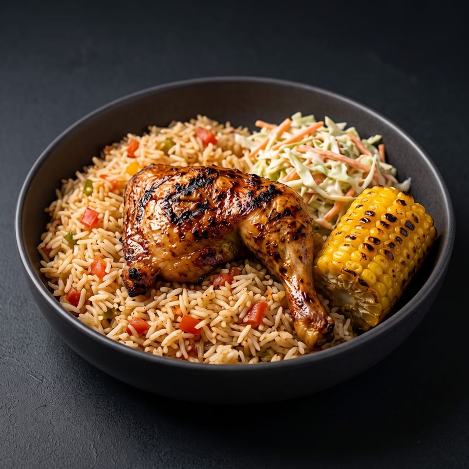 Grilled chicken leg and breast served with seasoned vegetable rice, coleslaw, and grilled corn in a black bowl.