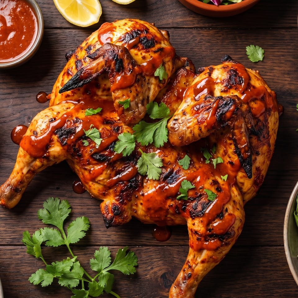 Grilled whole chicken with sauce, cilantro, roasted potatoes, salad, and lemon on a wooden table.