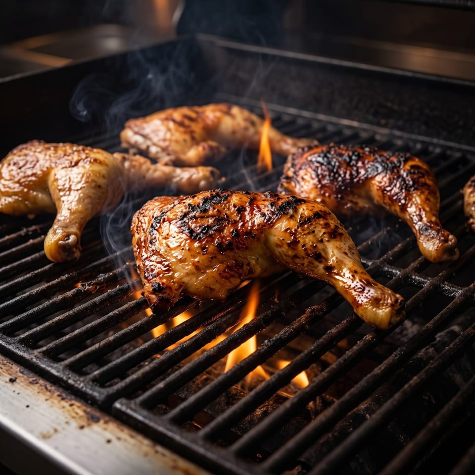 Glazed chicken pieces grill over open flames, with charred skin, rising smoke, and seared grill marks.