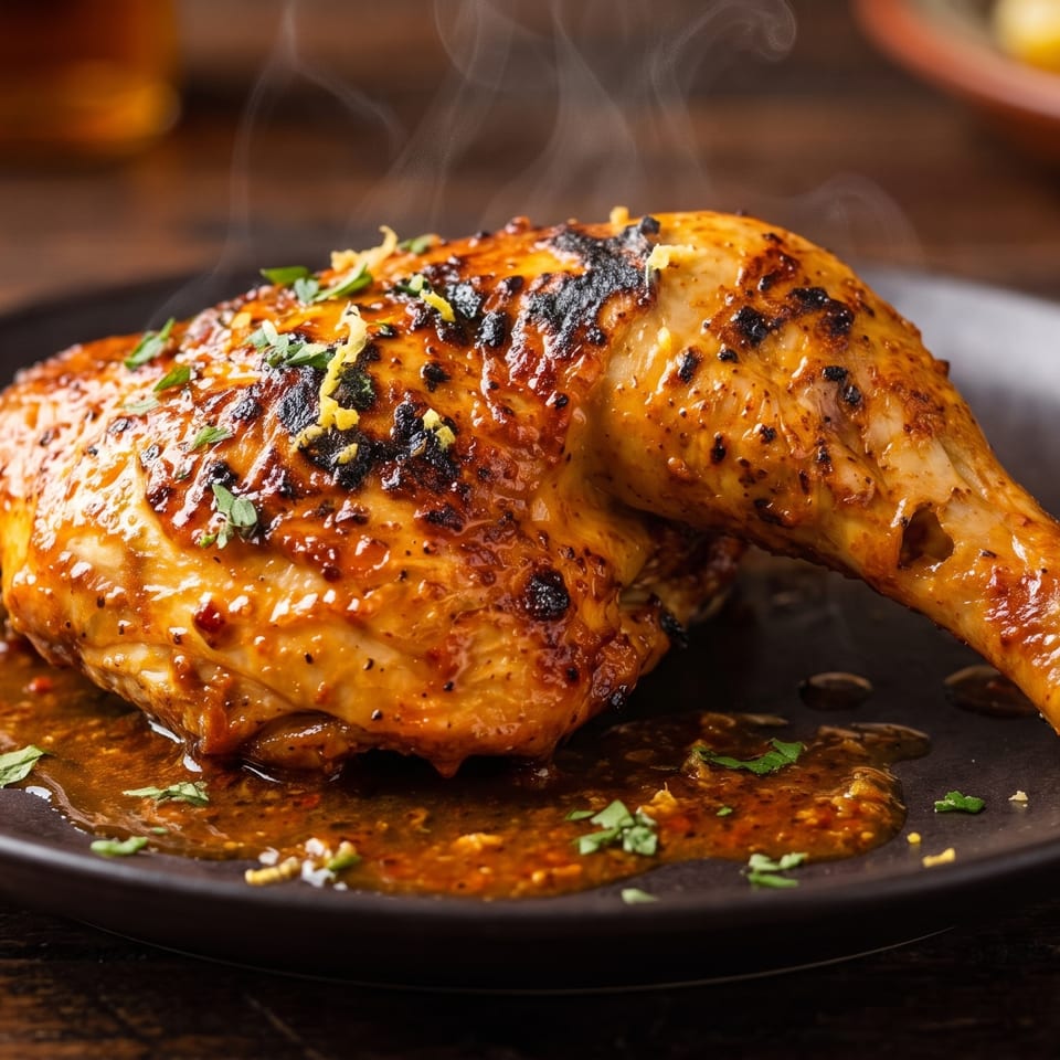 Steaming, grilled chicken leg quarter with sauce, herbs, and lemon zest on a dark plate.