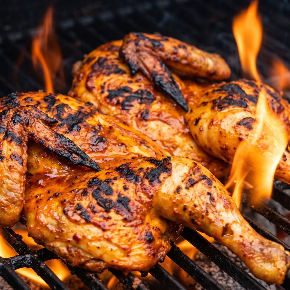 Two whole chickens grilling on a barbecue with flames licking the charred skin.